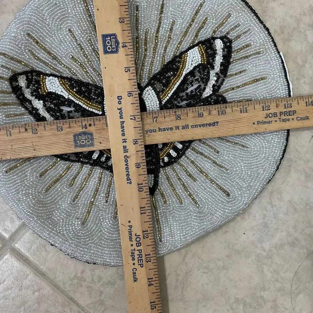 Moth Decorative Round Beaded Pillow cover only Butterfly Blk/wht/gd. Accent 13